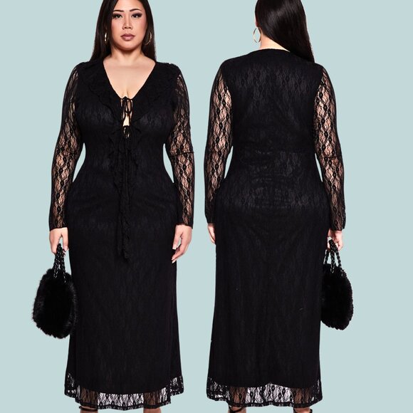 NEW NWT Curvy Plus 1X, 3X Black Lace Sexy Tie Bodice Maxi Dress Party Ready - Picture 4 of 8